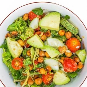 Roasted chickpeas and avocado in Italian mama dressing in high thai weed